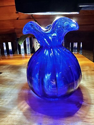 #ad Vintage Ruffled Tissue Art Glass Cobalt Blue Hand Blown Heavy Vase Twist Ribbed $20.00