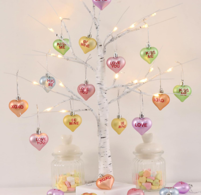#ad Valentines Day Decor Lighted Birch Tree with 24Pcs Candy Heart Tree Ornaments $30.14