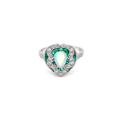 #ad Art Deco Mixed Cut Opal With Green Emerald amp; White CZ Silver Solid Cocktail Ring $125.00