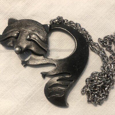 #ad 3d Vintage Raccoon Necklace Silver Metal MCM Art Pendant Figural Animal Long 21quot; $29.99