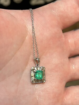 #ad 14kt White Gold 1.5 CT Colombian Emerald And 1.5 CT Diamond Necklace $1999.00