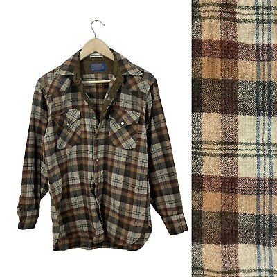 #ad Vintage Pendleton Medium Pearl Snap Wool Flannel Shirt Plaid Long Sleeve Mens $59.99