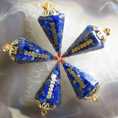 #ad 5Pcs Faceted Lapis Lazuli Tibetan Gold Wrap Pendulum Pendant Bead D74178 $21.57