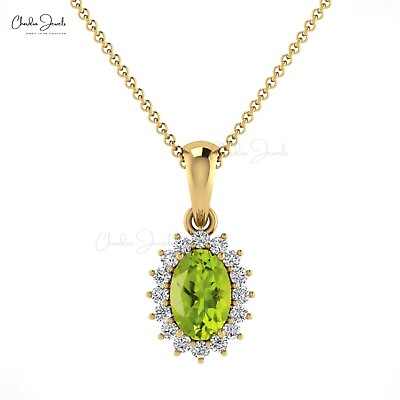 #ad Halo Setting Pendant Green Peridot Elegant Pendant 14k Gold Diamond Fine Jewelry $246.12
