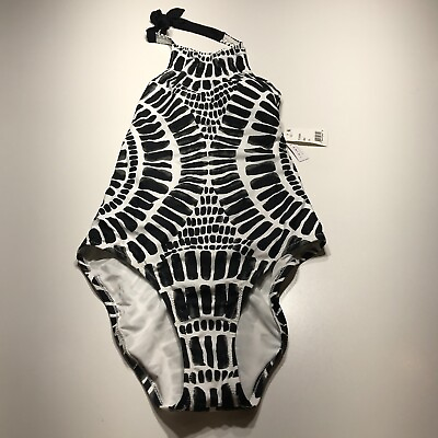 #ad Trina Turk Swimsuit Womens Size 10 NEW Black White Print Halter Neck One Piece $35.99
