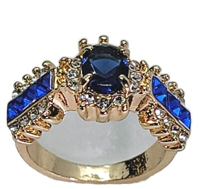 #ad SALE $5. Blue Sapphire Women#x27;s Ring 14K Simulated Gems Gold Plated Size 8 $5.00
