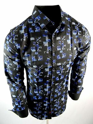 #ad Mens Shirt Black Blue Modern Italian Limited Prints Slim Fit Button Front $14.99