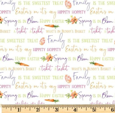 #ad Hoppy Easter White Text 100% Cotton Fabric Pamp;B Textiles By the Half Yard $4.75