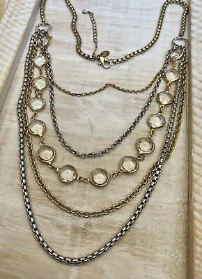 #ad Cookie Lee Necklace Mixed Metal Crystals Silver amp; Gold Tone Layered Strands 26” $16.99