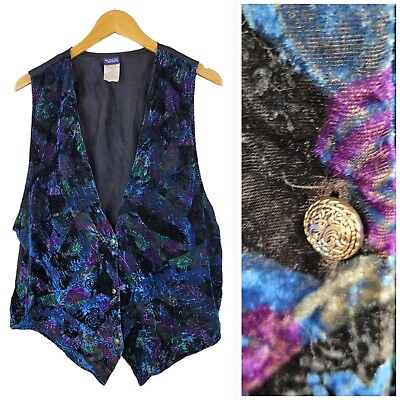 #ad Vintage Vest Plus Size 20W 2X Velvet Romantic Blue Geometric Costume Cosplay $24.99