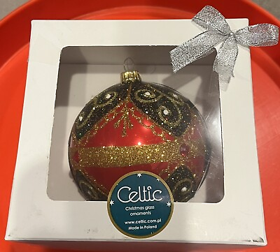 #ad Celtic Handmade Red Black Gold Glass Christmas Tree Ornament Ball amp; Box $15.00