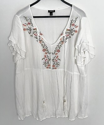 #ad TORRID 2 Floral Embroidered Tunic Top Crinkle Tassels Boho Peasant White Plus 2X $9.99