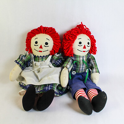 #ad Lot of 2 Vintage Handmade Stuffed Raggedy Girl And Boy Dolls Red Hair I Love You $26.00