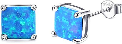 #ad 925 Sterling Silver 6mm Princess Cut Square Blue Fire Opal Stud Earrings $9.99