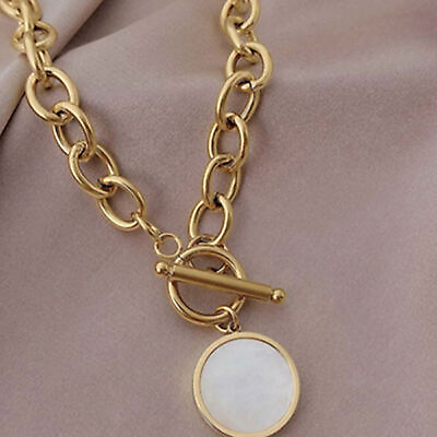 #ad Lady Gold Plated Stainless Steel Round Charm Mother of Pearl Rolo Chain US $9.99