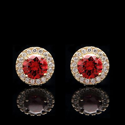 #ad 2CT Halo Garnet Red Simulated Diamond Earrings 14k Yellow Gold Round Cut Studs $161.49