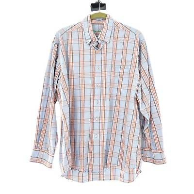 #ad Alan Flusser Mens Large Plaid Shirt Long Sleeve Flip Cuff Orange 100% Cotton $13.98