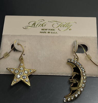 #ad Kirks Folly Dangle Earrings Crescent Moon amp; Star Gold Tone W Rhinestones Signed $60.00