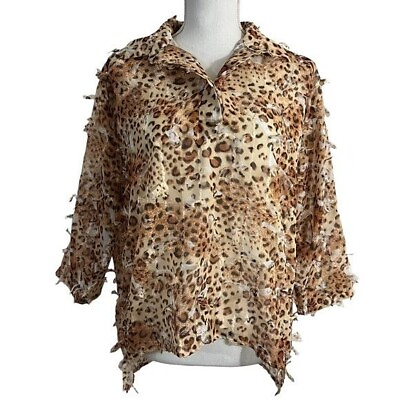 #ad Feratelli Vintage Textured Frayed Leopard Cheetah Blouse Medium Sheer 3 4 Sleeve $16.90
