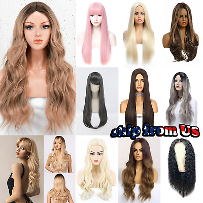 #ad Full Wig Long Curly Straight Synthetic Hair Blonde Wigs Ombre Cosplay Party $16.99