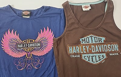 #ad Lot Of 2 Harley Davidson Women Tank Tops Large Embellished amp; T shirt Brown Blue $18.00