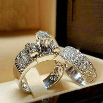 #ad 935 Argentium Silver 5 CT Round Cut CZ Solitaire Bridal Set Engagement Ring $249.00