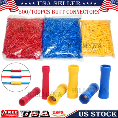 #ad 500Pcs Insulated Straight Butt Electrical Wiring Connectors Crimp Terminals Kits $24.99