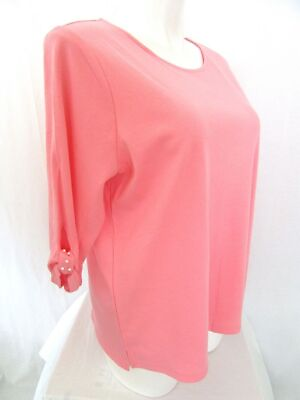 #ad Quacker Factory Size 1X Light Coral Knit T Shirt with Faux Pearl Detail $22.99