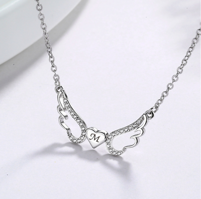 #ad 925 Sterling Silver Angel Wings Heart M CZ Choker Necklace Mother Gift Box PE21 $21.95