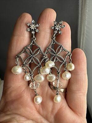 #ad Antique Victorian Sterling Silver Chandelier Genuine Pearl Clip On Earrings $116.10