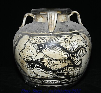#ad 11quot; Old Chinese Song Dynasty CiZhou Kiln Porcelain Fish Goldfish Jar Pot Crock $347.13