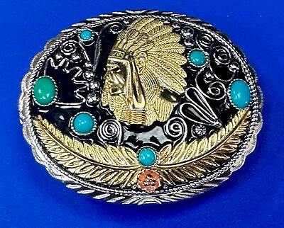 #ad Gorgeous Native American Indian Chief in Headdress Sterling Silver belt buckle $245.00