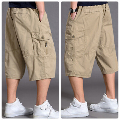 #ad Mens Shorts Baggy Casual Cotton Trousers Solid 3 4 Length Cargo Pants Plus Size $21.00