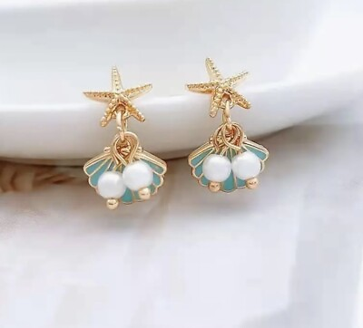 #ad Earrings Enamel Shell Kate Fish Pearl Blue Gold Starfish Stud Drop Dangle Spade $24.78