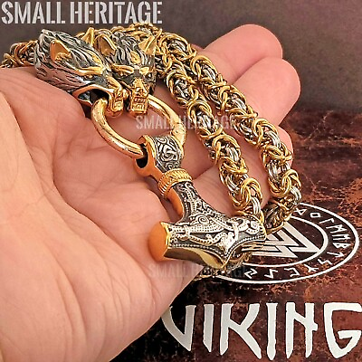 #ad Men Viking Stainless Steel Wolf Necklace Thor Hammer Mjolnir Pendant Norse Odin $48.88