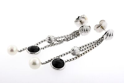 #ad David Yurman 18k Earrings Pearl Onyx White Gold Dangle Drop Sculpted Cable $1390.35