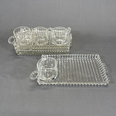 #ad Hazel Atlas Clear Glass Snack Plate Tray and Cup Ball and Ribbed Design Set of 4 $16.99