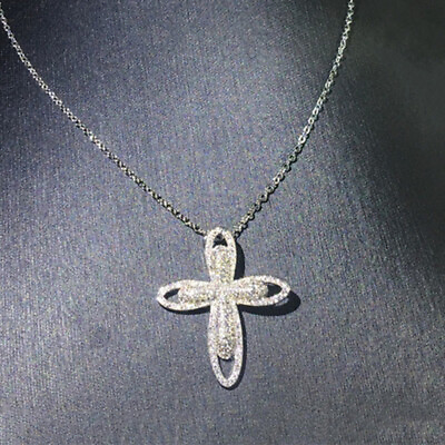 #ad Elegant Cross 925 Silver Filled Necklace Pendant Gift Cubic Zircon Women Jewelry C $4.38