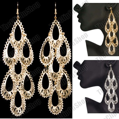 #ad #ad CLIP ON 5quot;long BIG BOHO CHANDELIER EARRINGS filigree drop GOLD SILVER fashion GBP 2.99