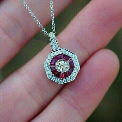 #ad 3Ct Baguette Cut Lab Created Ruby amp; Diamond Vintage Pendant White Gold Plated $85.00
