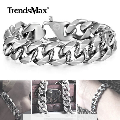 #ad 15mm 316L Stainless Steel Silver Cuban Curb Link Bracelet Mens Chain Xmas Gift $13.99