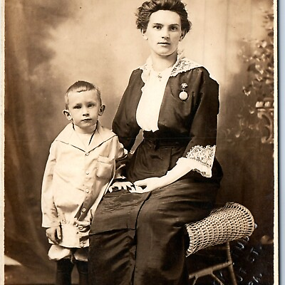 #ad c1910s Berwick PA Cute Young Mother amp; Little Boy Real Photo PC Pocket Watch A123 $8.25