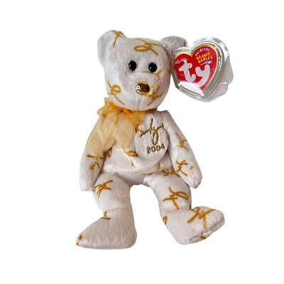 #ad Ty Beanie Babies 2004 Signature Bear Teddy Bear White Gold Tags $10.80