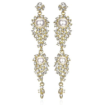 #ad Long Pearl Gold Austrian Crystal Rhinestone Chandelier Dangle Earring Prom E105g $7.99