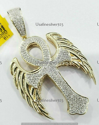 #ad 1 CT Moissanite 14K Yellow Gold Plated Ankh Cross Angel Wings Pendant Mens Charm $148.80
