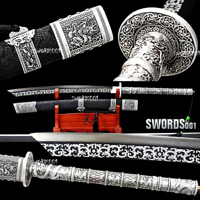 #ad Black Silvery Long Handle Sword Chinese Emperor Broadsword Dragon fittings $345.00