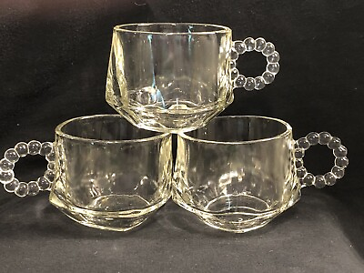 #ad Hazel Atlas Orchard Crystal Vintage Glass Punch Cups Beaded Handle Set of 3 $18.50
