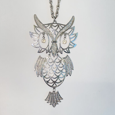 #ad Vintage Silver Tone Large Articulated Owl Pendant Necklace Retro Statement Piece $16.99