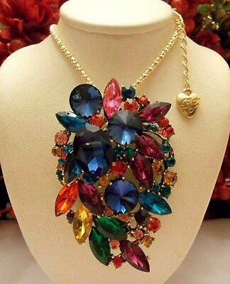 #ad BETSEY JOHNSON SPARKLING MULTI COLOR RHINESTONE CLUSTER NECKLACE BROOCH $32.99