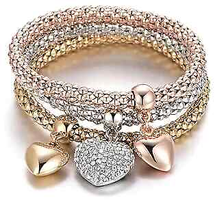 #ad Crystal Charms Multilayer Bracelets 3PCS Gold Silver Rose Solid Hearts Charm $15.68